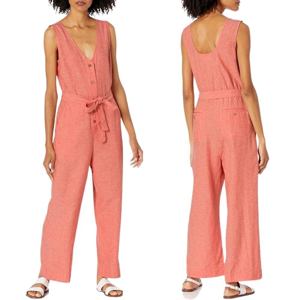 Carve Designs Linen Sleeveless Wide Leg Jumpsuit Womens Medium Coral Belted NWOT